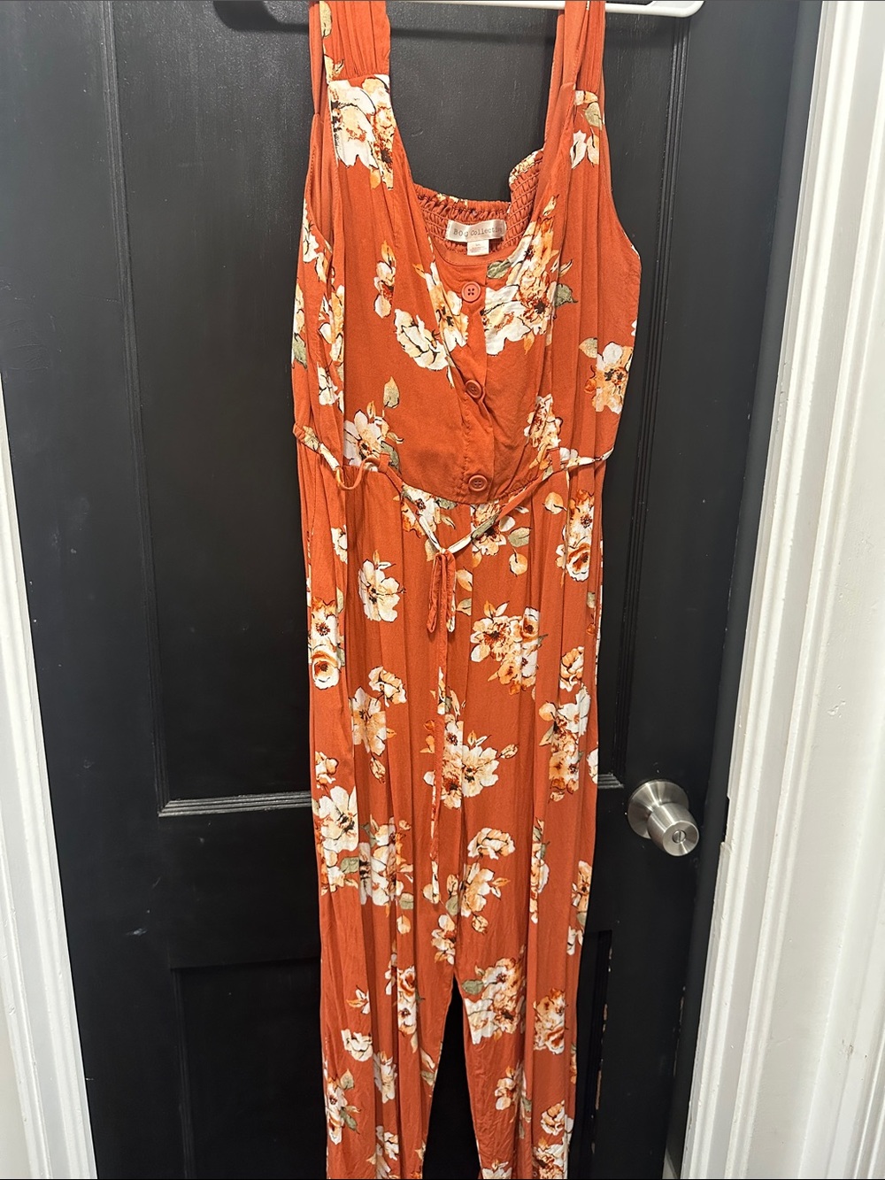 Rust Orange Floral Sleeveless Jumpsuit with Tie Waist